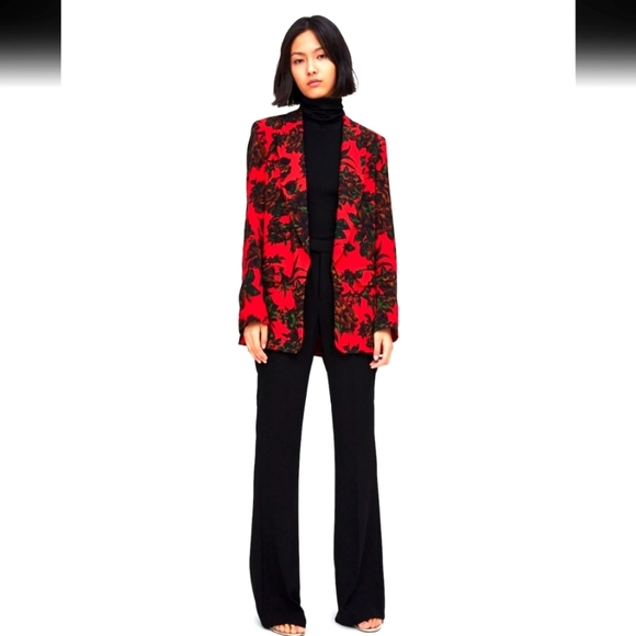 Women’s Red Black Oversized Floral M Open Front Relaxed Work to Weekend Blazer - Picture 2 of 12